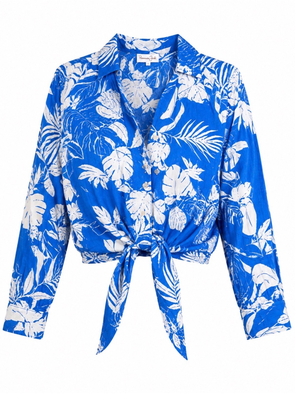 Panama Jack Blue White Tropical Linen Blend Tie Front Long Sleeve Shirt Large